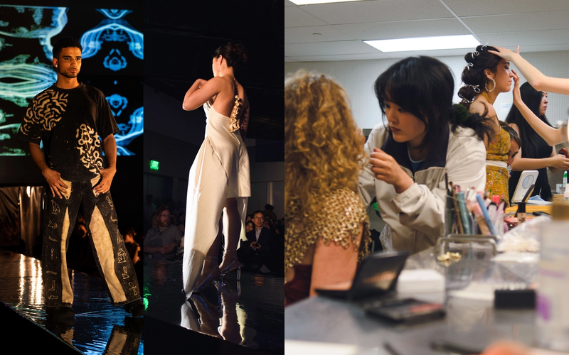 A collage of three images: Two runway photos in student-designed fashion, and a behind-the-scenes shot of makeup artists prepping the models.